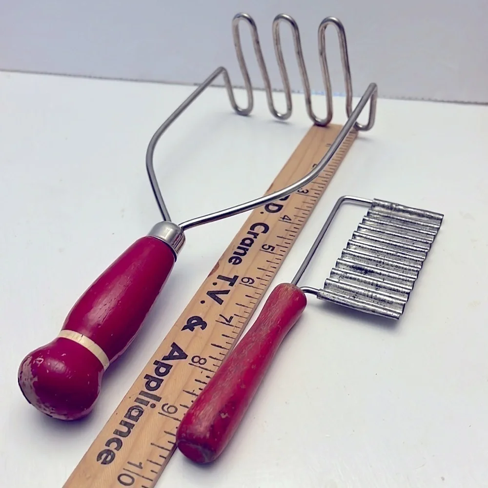 Vintage Kitchen Utensils Painted Red Handles Potato Masher Wavey Kringle Cutter